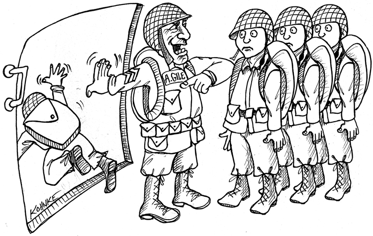 The cartoon shows a group of soldiers and a commander in an airplane, where the commander asks the soldiers to jump out of the airplane.
