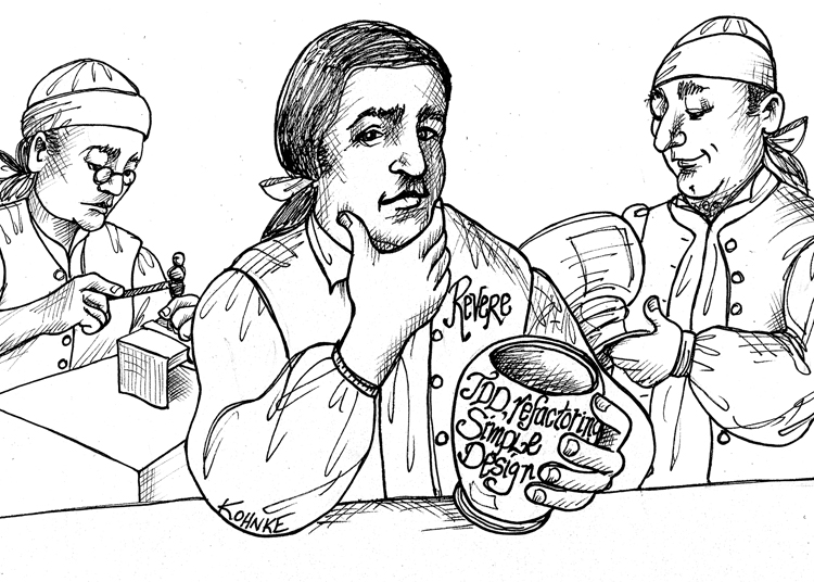 A cartoon shows three individuals involved in handicraft.