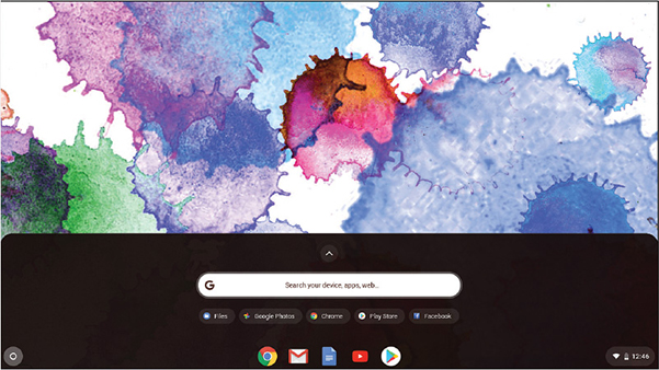 A screenshot shows the Chrome OS desktop with the options, Files, Google photos, Chrome, Play store, and Facebook at the bottom, followed by icons to access Chrome, Gmail, Documents, YouTube, and Play Store.