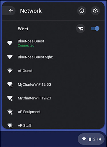 A screenshot displays a list of Wireless connectivity available, under the Network panel. The Wi-Fi is switched on, with a toggle button at the top right.