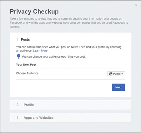 Screenshot of privacy checkup window. he privacy checkup window comprises three sections. Posts, Profile, and Appsa and websites.