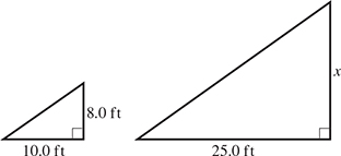 Two right triangles. The first has a leg of 10.0 feet and another leg of 8.0 feet. The other has a leg of 25.0 feet and another leg of x units.