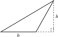 A triangle with side measuring b. A dashed line extends from side b, meets another dashed line at a right angle which rises with height h to the vertex opposite b.
