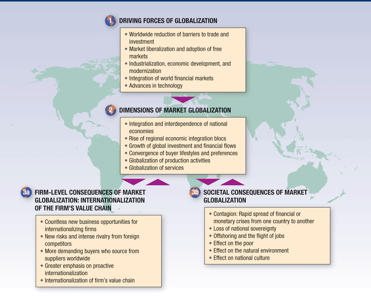A figure lists the driving forces, dimensions, and consequences of globalization.