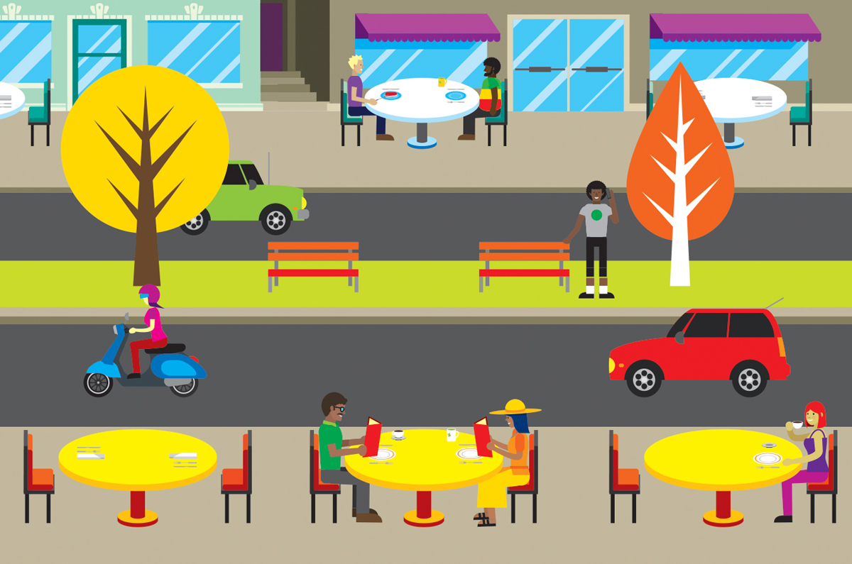 The graphical representation shows people dining out outside the restaurants on both sides of the road. The vehicles are passing through the road at the center.
