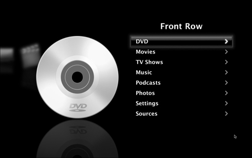 Front Row with a DVD inserted.