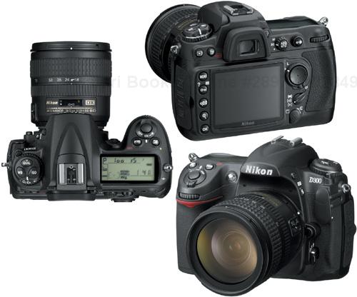 Three views of a Nikon D300 DSLR. It resembles the style and build of the 35mm film camera with considerably more dials and buttons.