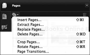 You have access to Acrobat’s page-manipulation commands in the Pages pane’s Action menu, identified by a gear icon.