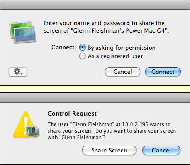 A Mac running Leopard can request screen-sharing access (top) if the other machine has that option enabled.The target computer's user has to click Share Screen (bottom) to allow that access.