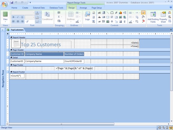 Figure 17-1: Design view is best for adding new design elements to your report.