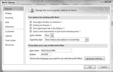 The Word Options dialog box is Central Command for controlling how Word goes about most of its business.