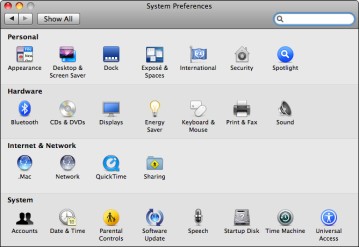 Figure 3-1: The System Preferences window is a familiar face to any Leopard user.