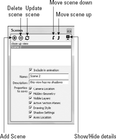 The Scenes dialog box lets you create and manage defined scenes.