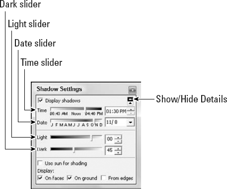 The Shadow Settings dialog box includes settings for the time and date of the shadows.