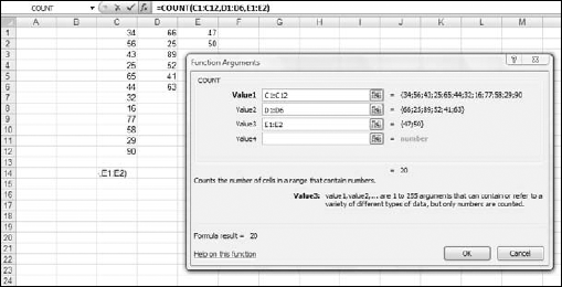 The Function Arguments Dialog Box for COUNT, showing multiple arguments.