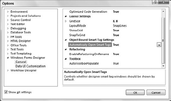 This dialog lets you control the Windows Forms Designer's behavior.