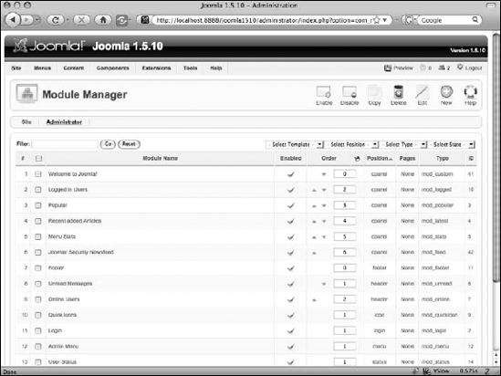 The Joomla! 1.5.x Module Manager, showing the Administrator modules.