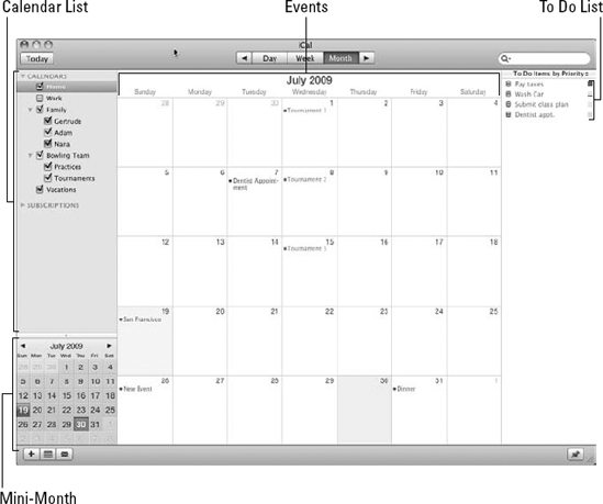 The iCal window provides different ways to view times and dates.