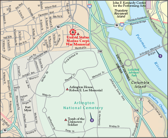The best location from which to photograph the United States Marine Corps War Memorial: (A) west of the memorial. Nearby photo ops: (1) Arlington Memorial Bridge and (2) Arlington National Cemetery.