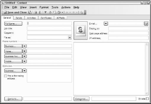 Adding basic information for a new contact using the fields on the General tab of the Outlook 2003 Contact dialog box.