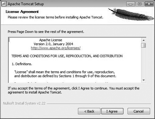 The Tomcat installer for Windows: accepting Tomcat's Apache license