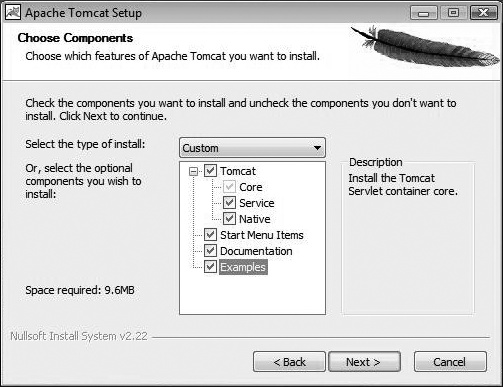 Windows choosing Tomcat components to install