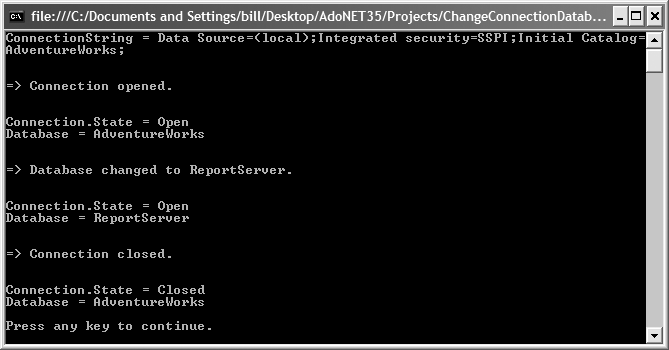 Output for ChangeConnectionDatabase solution