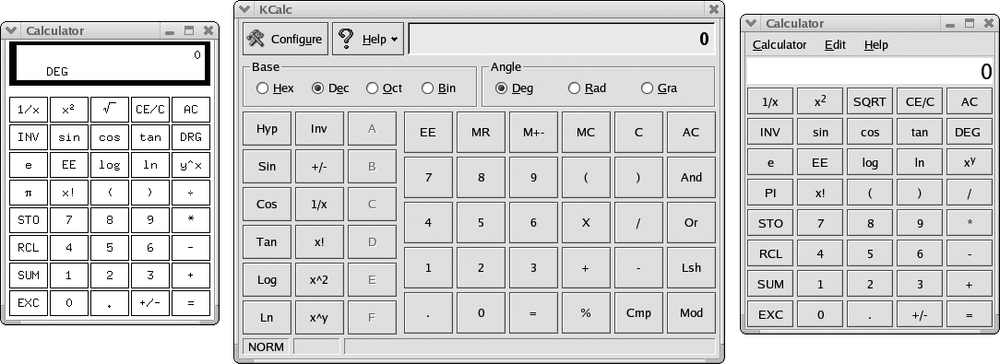 xcalc, kcalc, and gnome-calculator
