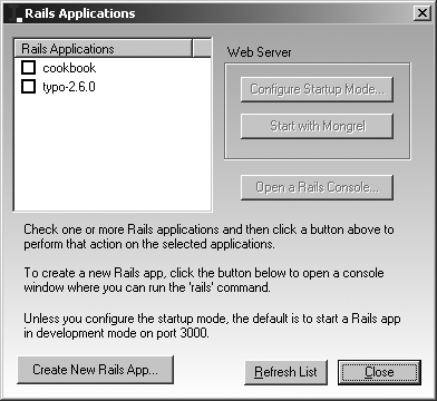 The Rails Applications dialog, where you can start and stop applications, as well as create new ones