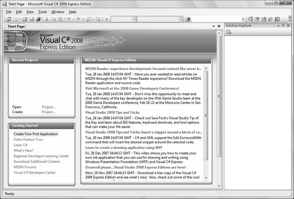 The Start Page for Visual C# 2008 Express. It looks pretty empty now, but that won’t last long. You’ll be using the Create link on the lefthand side.