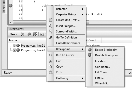 In Visual Studio, the Breakpoint menu allows you to select various options for your breakpoint settings.