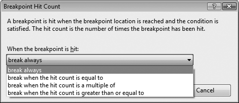 The Breakpoint Hit Count dialog lets you choose how often you want this point to be reached before breaking.