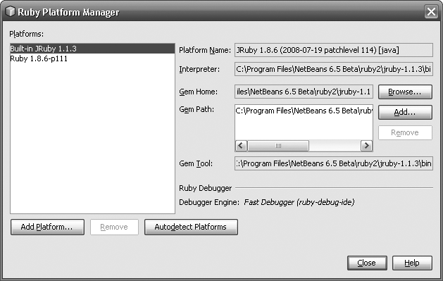 NetBeans Ruby Platform Manager dialog