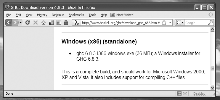 Screenshot of Firefox, displaying the GHC download page