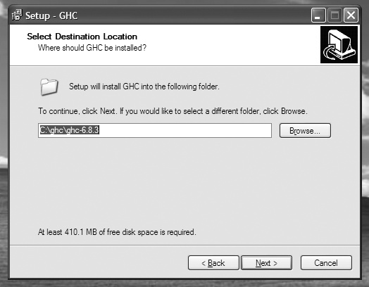 Screenshot of the GHC installation wizard on Windows