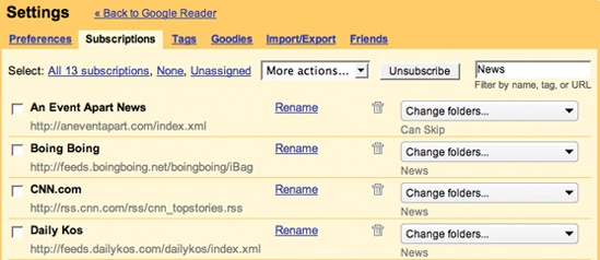 Google Reader’s Manage Subscriptions page displays lots of actions for each subscription, leading to a visually heavier display