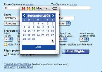 If Orbitz used a browser pop-up window for its calendar chooser (it does not), this is how it might look