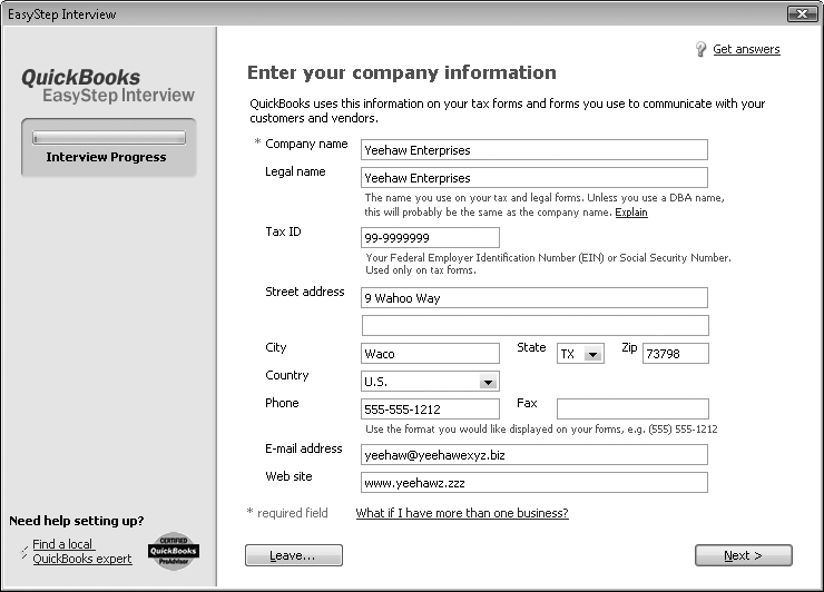 In the “Company name” field, type the name you want to appear on invoices, reports, and other forms. In the “Legal name” field, type the company name as it should appear on contracts and other legal documents. The company name and the legal name are usually the same unless you use a DBA (doing business as) company name. If you own a corporation, the legal name is what appears on your Certificate of Incorporation. The Tax ID box is for the federal tax ID number you use when you file your taxes—your Social Security Number or Federal Employer Identification Number.