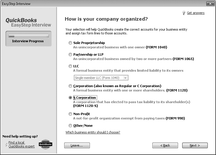 When you select an option for the type of company, QuickBooks assigns the corresponding tax form to your company file. To see the tax form, choose Company → Company Information. The Income Tax Form Used box at the bottom of the Company Information window shows the tax form for your company type.