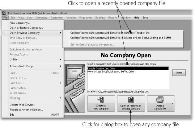 If the No Company Open window is visible, you can open recent files by double-clicking one of the filenames in the list of recently opened files. (Opening a sample file is the only task that the No Company Open window performs that you can’t do from the File menu.)