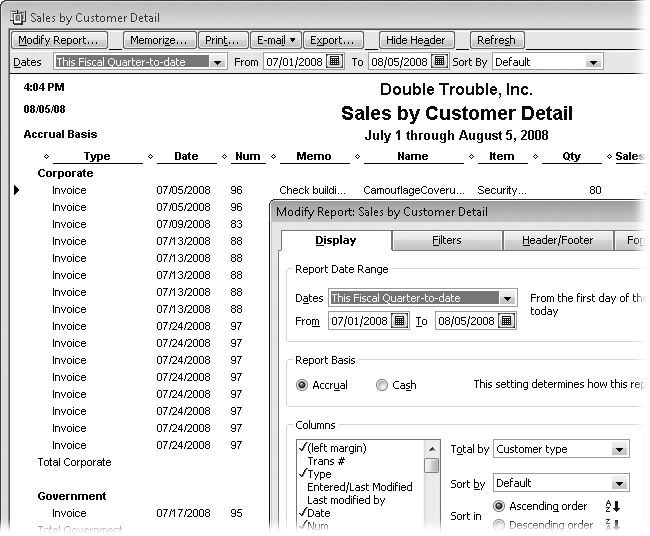 The “Sales by Customer Detail” report initially totals income by customer. To subtotal income by customer type (government and corporate customers as shown here), click Modify Report. On the Display tab, choose “Customer type” in the “Total by” drop-down list, and then click OK.