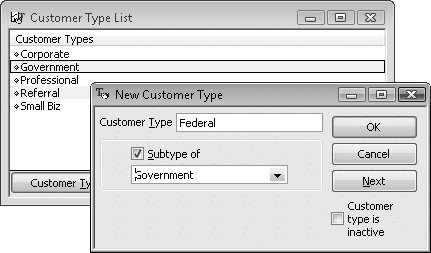 To define a customer type as a subtype of another, turn on the “Subtype of” checkbox in the New Customer Type dialog box. Then, in the drop-down list, choose the top-level customer type. For example, if you sell to different levels of government, the top-level customer type could be Government and contain subtypes Federal, State, County, and Local.