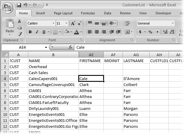 The imported file has to use field names that match QuickBooks field names. For example, replace a Last_Name heading with LASTNAME, which is the keyword for the last name field in QuickBooks. The first column has to include the keywords QuickBooks looks for to identify customer records. And the first cell in the first row of a customer import file has to contain the text !CUST.