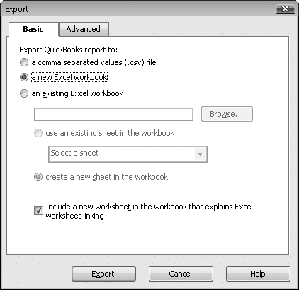 The Export Report dialog box that appears is already set up to create a new spreadsheet. Click Export and you’ll be looking at the Customer List in Excel in seconds. If you’d rather give QuickBooks more guidance on creating the spreadsheet, click the Advanced tab and specify options like Autofit to set the column width so you can see all your data, before clicking Export.