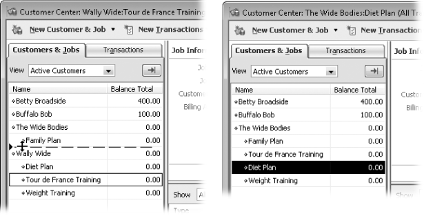 Left: The mouse pointer changes to a two-headed arrow that you can drag within the Customers & Jobs tab. A horizontal line between the two arrowheads shows you where the job will go when you release the mouse button.Right: After you reassign all the jobs to the customer you intend to keep, you can merge the now-jobless customer into the other. When the merge is complete, you see only the customer you kept.
