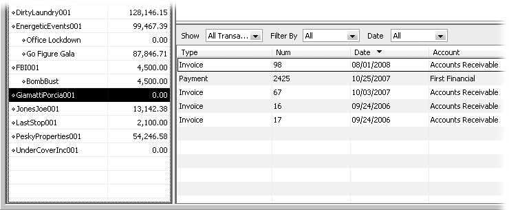 When you select a customer in the Customer Center, the transaction pane on the lower-right shows that customer’s transactions. To see them all, in the Show drop-down list, choose All Transactions, and in the Date drop-down list, choose All.