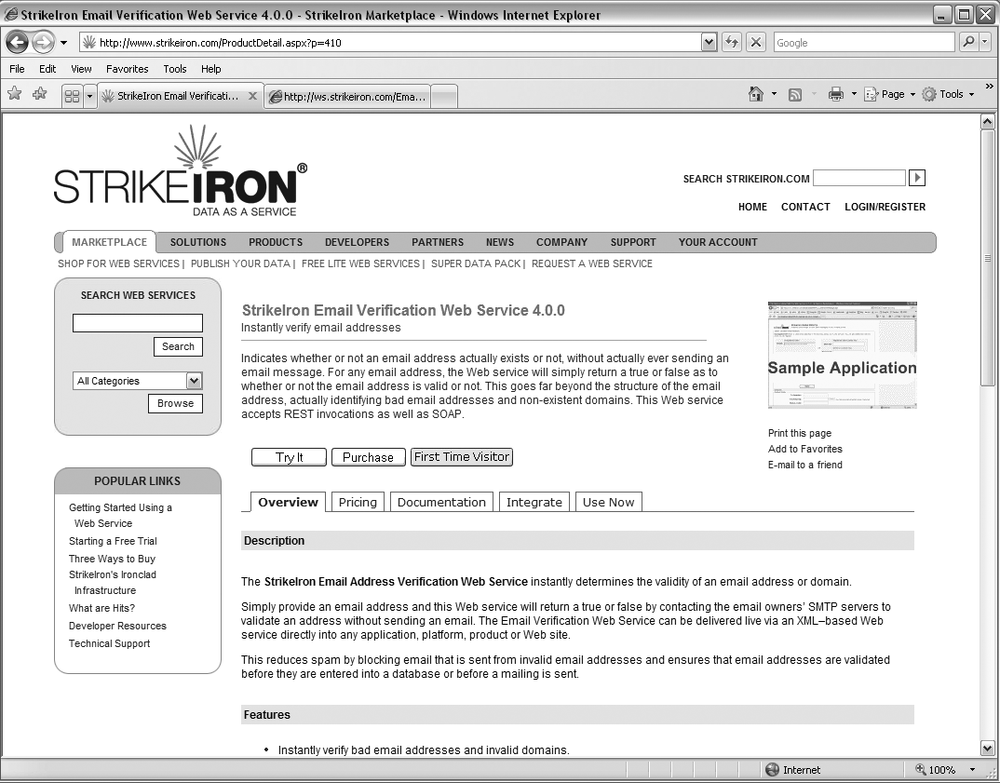 StrikeIron web service documentation page