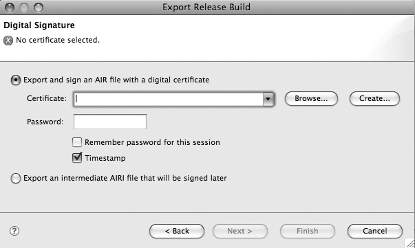 Export Release Build dialog box