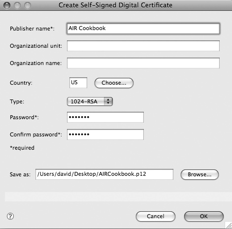 Create Self-Signed Digital Certificate dialog box