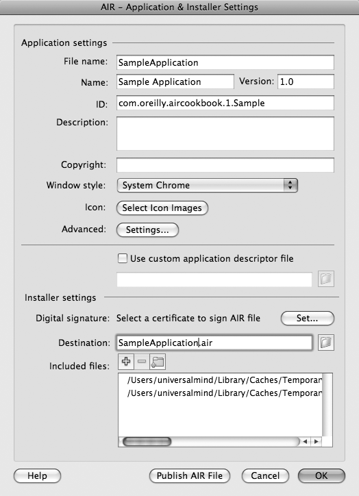AIR – Application & Installer Settings dialog box in Flash